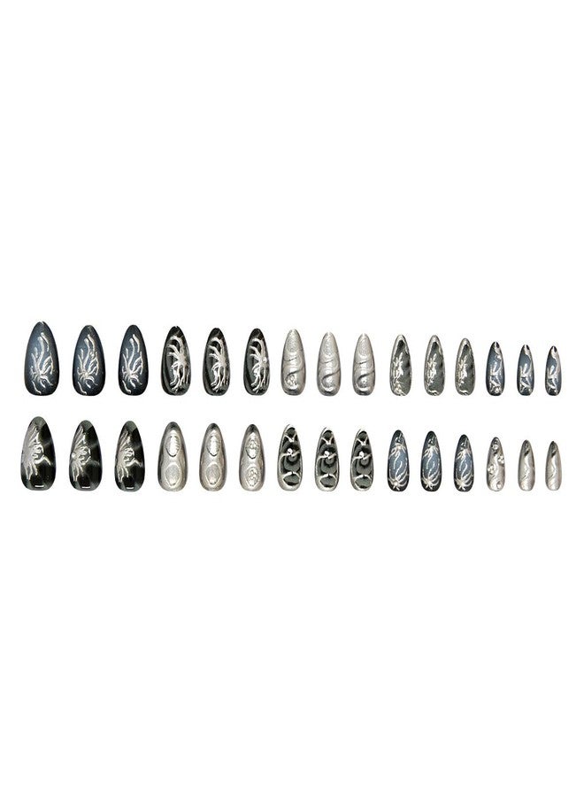 KRTBKR 30Pcs Goth Press on Nails Medium Almond Fake Nails 3D Silver Alloy Chrome Glitter Design Y2k Glue on Nails Full Cover Glue on Nails Reusable Handmade Nails Black False Nails for Women Acrylic Nails - Image 5